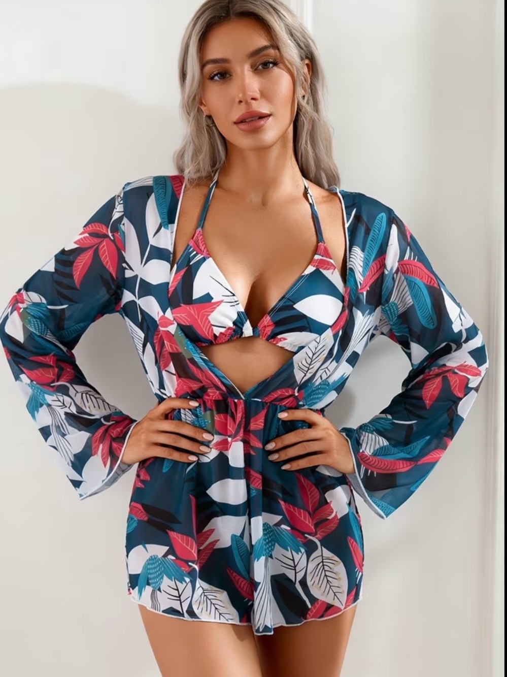 Tropical Leaf Print Teal & Hot Pink 3 Piece Swim Set